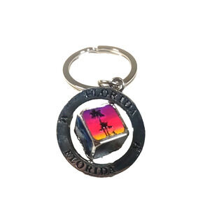 Florida Spinner Square Keychain Palm Trees Dolphins Silver Tone Colorful Used